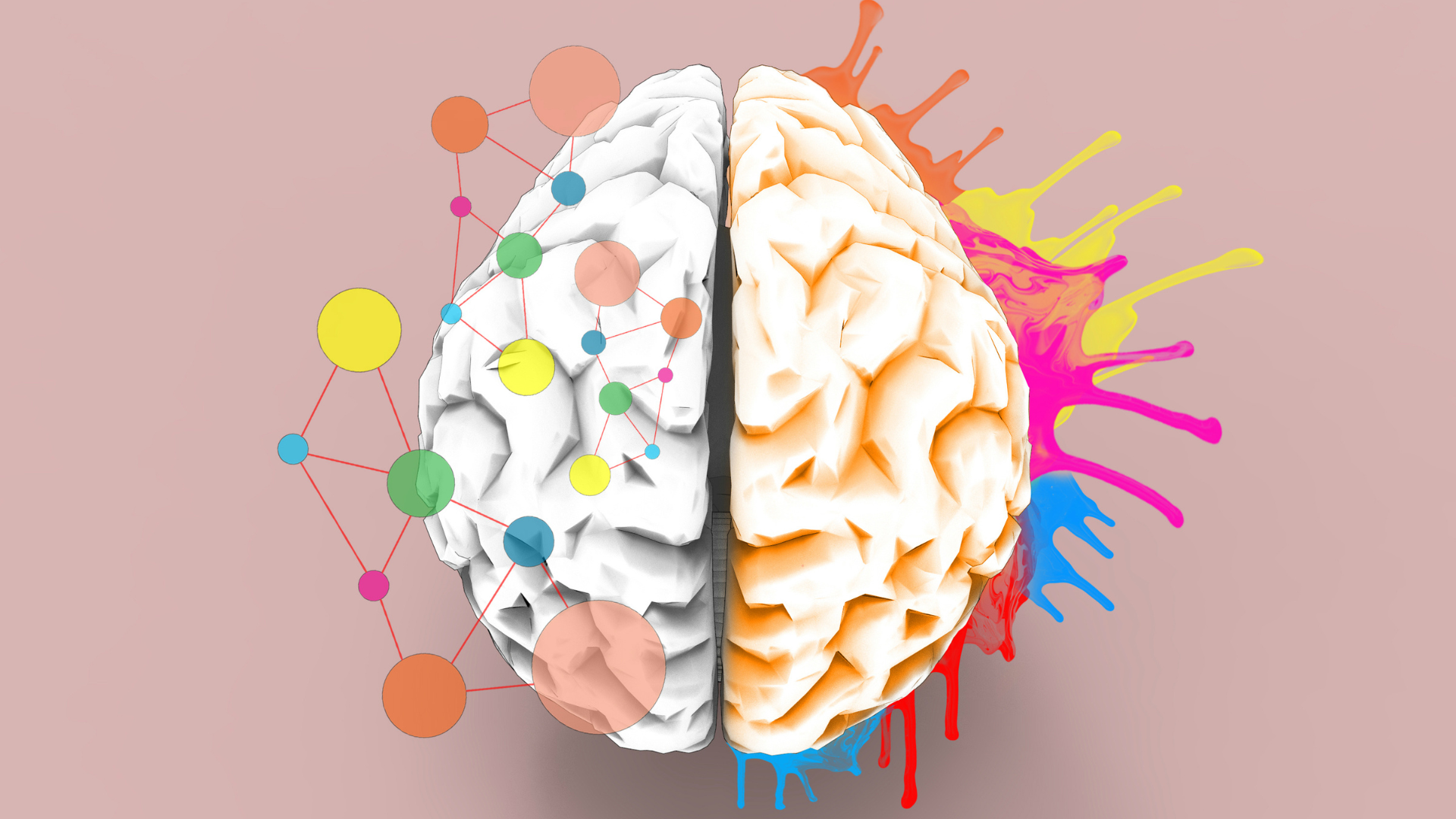 Illustration of a human brain split in two: the left side is grey with connected nodes and lines, and the right side is colourful with paint splashes