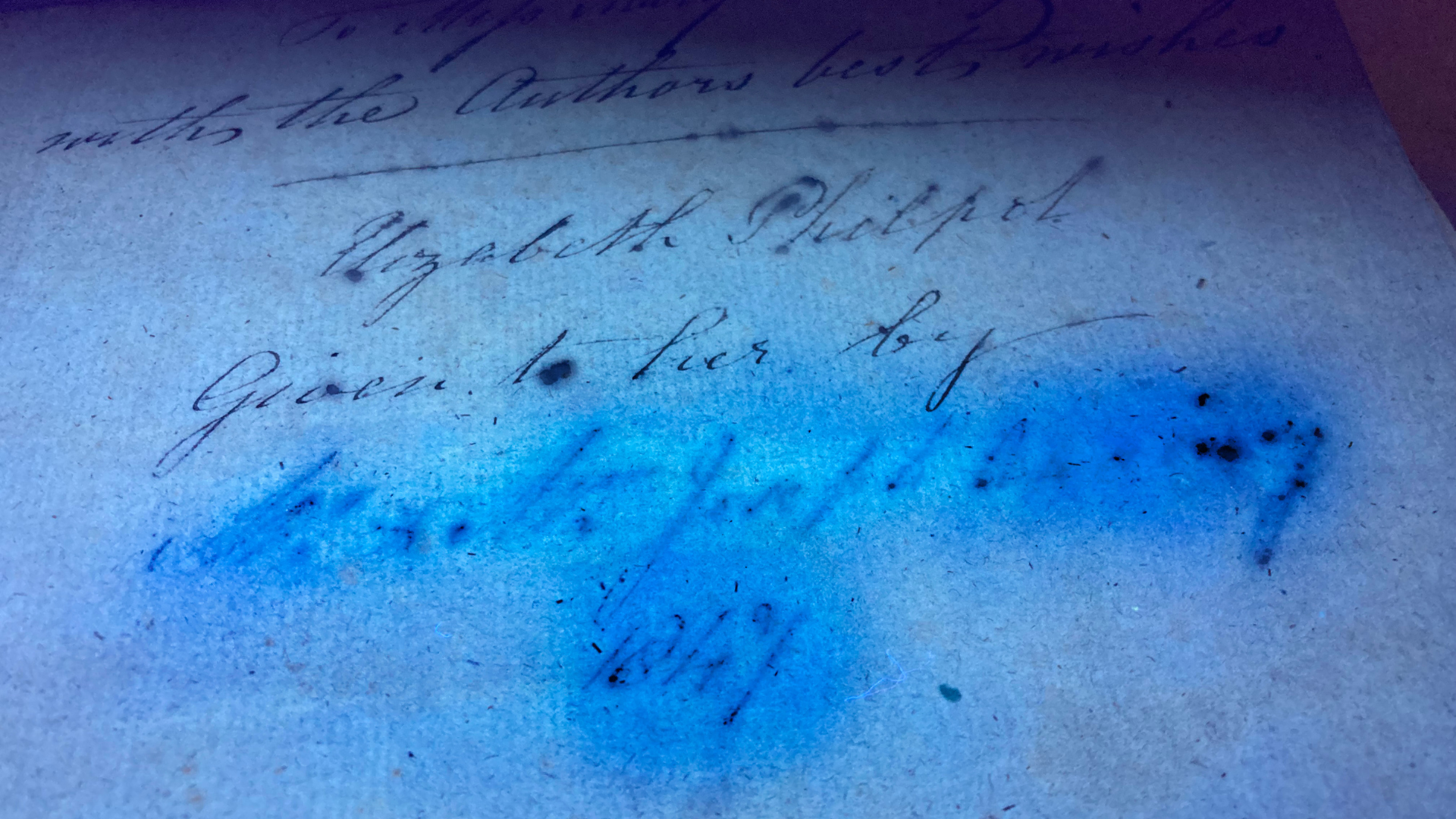 Detail of a historic handwritten page, where blue staining or chemical marks obscure parts of the original cursive writing.