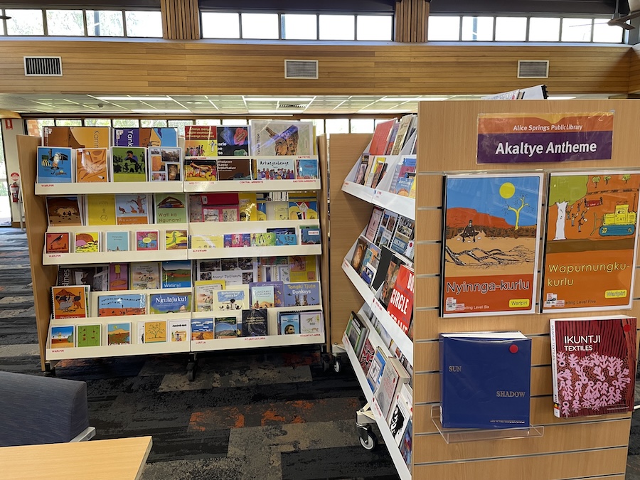 Books on library shelves