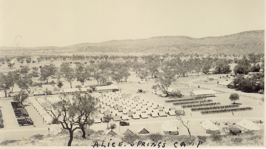 Historic photograph of an army camp hear Alice Springs between 1938 and 1948.
