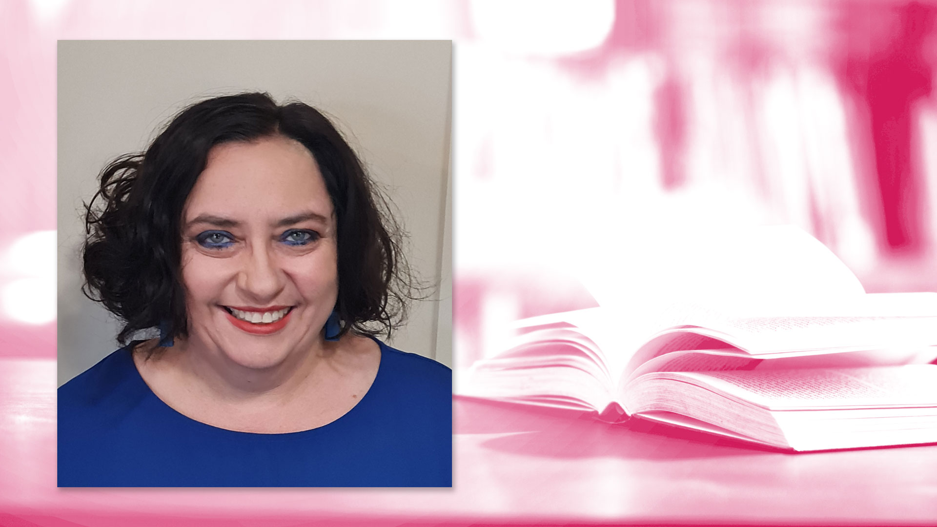 Headshot of Angela Berney overlayed on a pink and white stylised background of an open book on a table