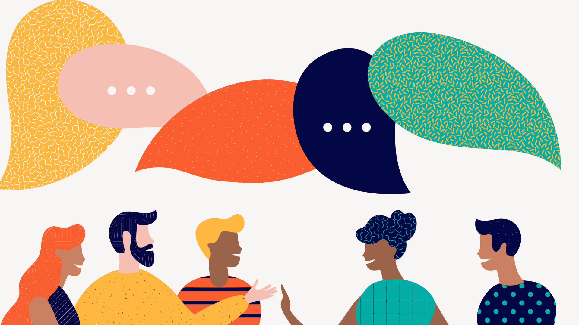 Illustrated graphic of five diverse people engaged in conversation beneath overlapping speech bubbles in yellow, pink, orange, navy and teal.