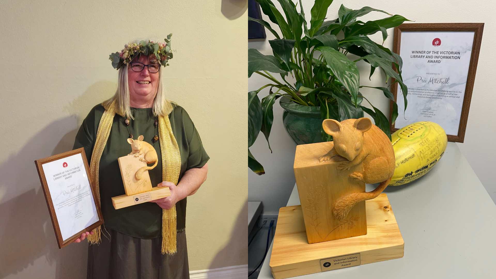 Pru Mitchell holding the Victorian Library and Information Award certificate and trophy, alongside a close-up of the carved wooden trophy featuring a native marsupial.