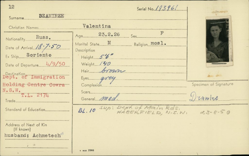 Immigration identification card for Valentina Dzamirze (serial number 193961), a Russian-born woman who arrived in Australia on the ship Soriento on 18 July 1950. The card includes typed and handwritten personal details such as age, marital status, physical description, and next of kin, along with a small black-and-white portrait photograph attached on the right.