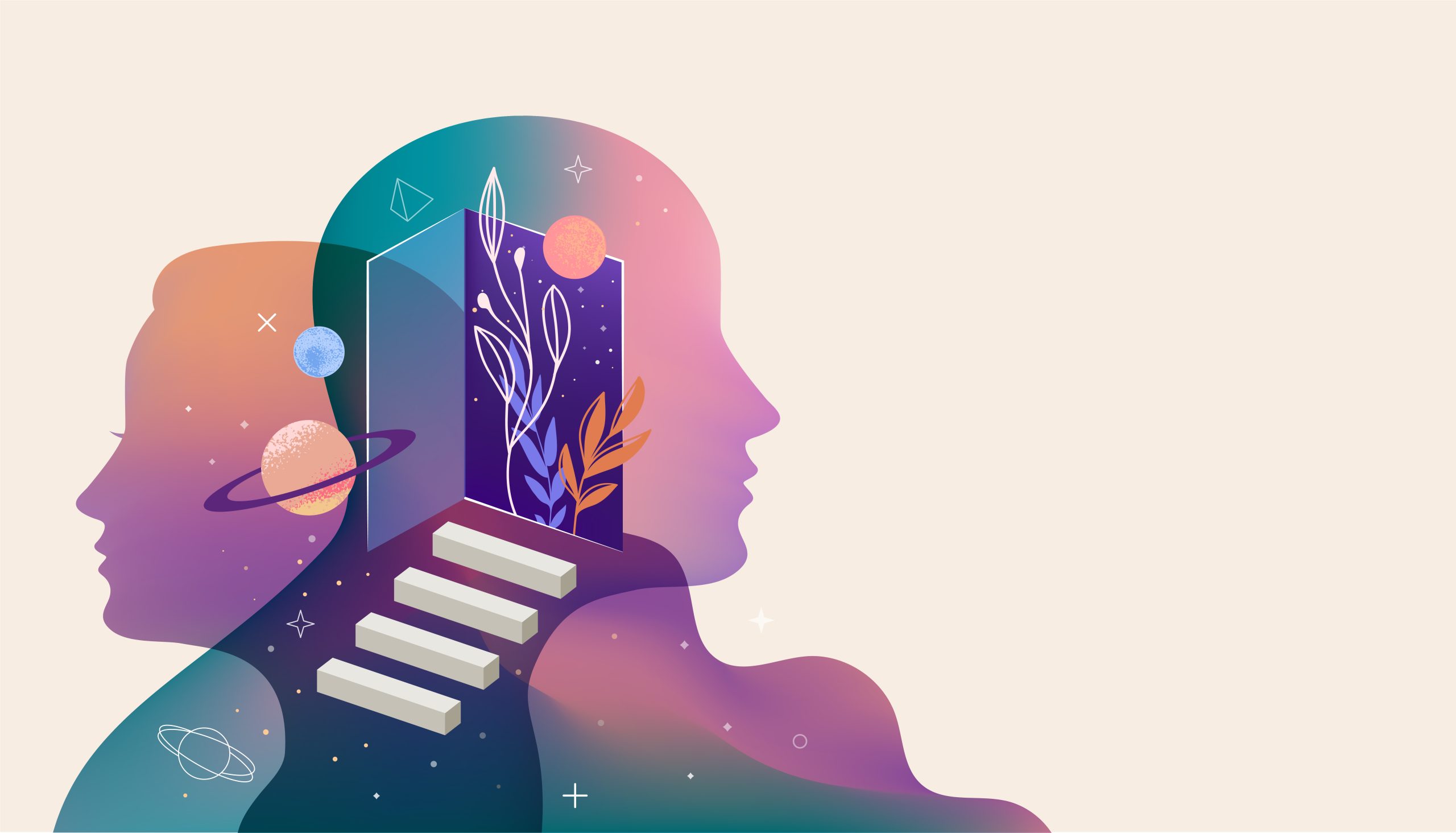 Stylised illustration of two overlapping human profiles facing opposite directions, filled with gradients of teal, purple and pink. At the centre is an open doorway revealing a starry night sky with abstract plants growing inside. A staircase leads toward the doorway, while planets, stars and geometric shapes float around the figures, suggesting imagination, exploration, creativity and inner worlds.