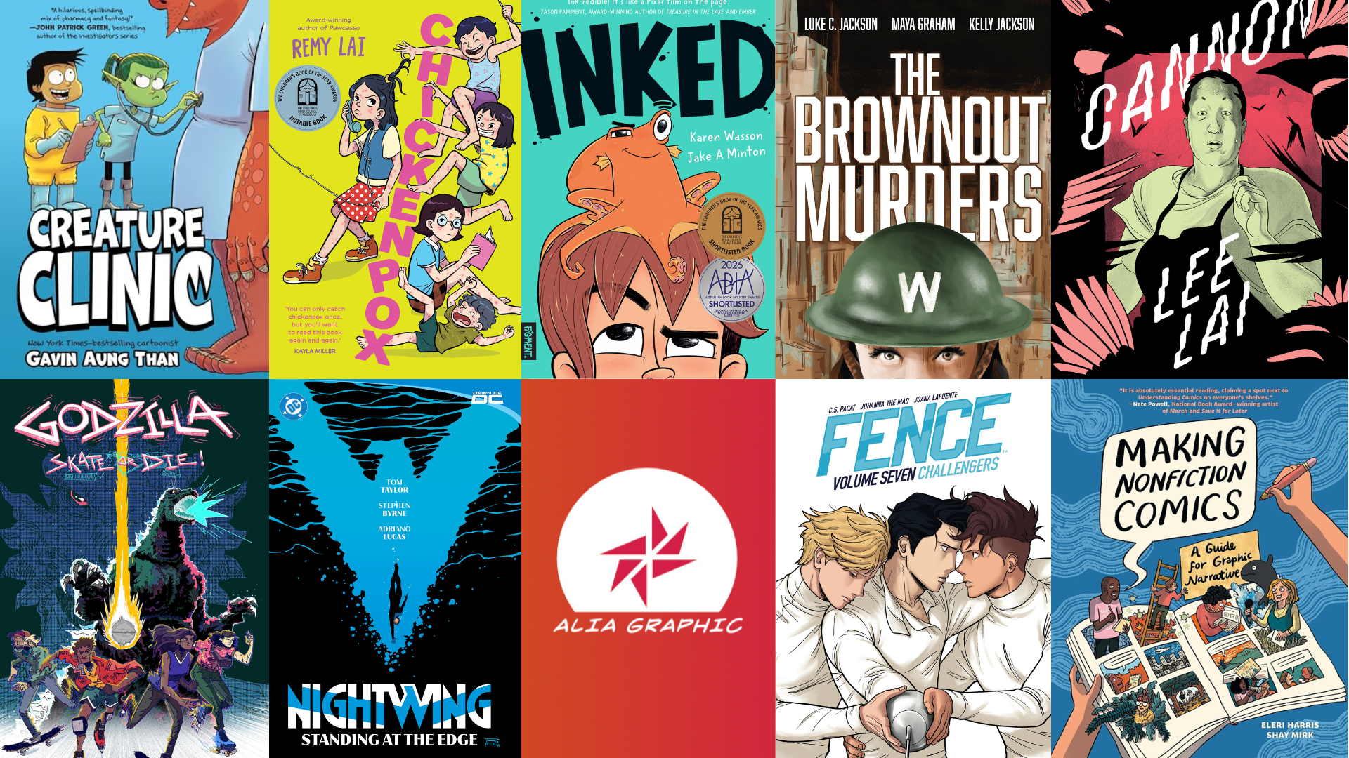 Promotional graphic for ALIA Graphic Notables featuring a collage of graphic novel and comic book covers for children, young adults and adults surrounding the ALIA Graphic logo.
