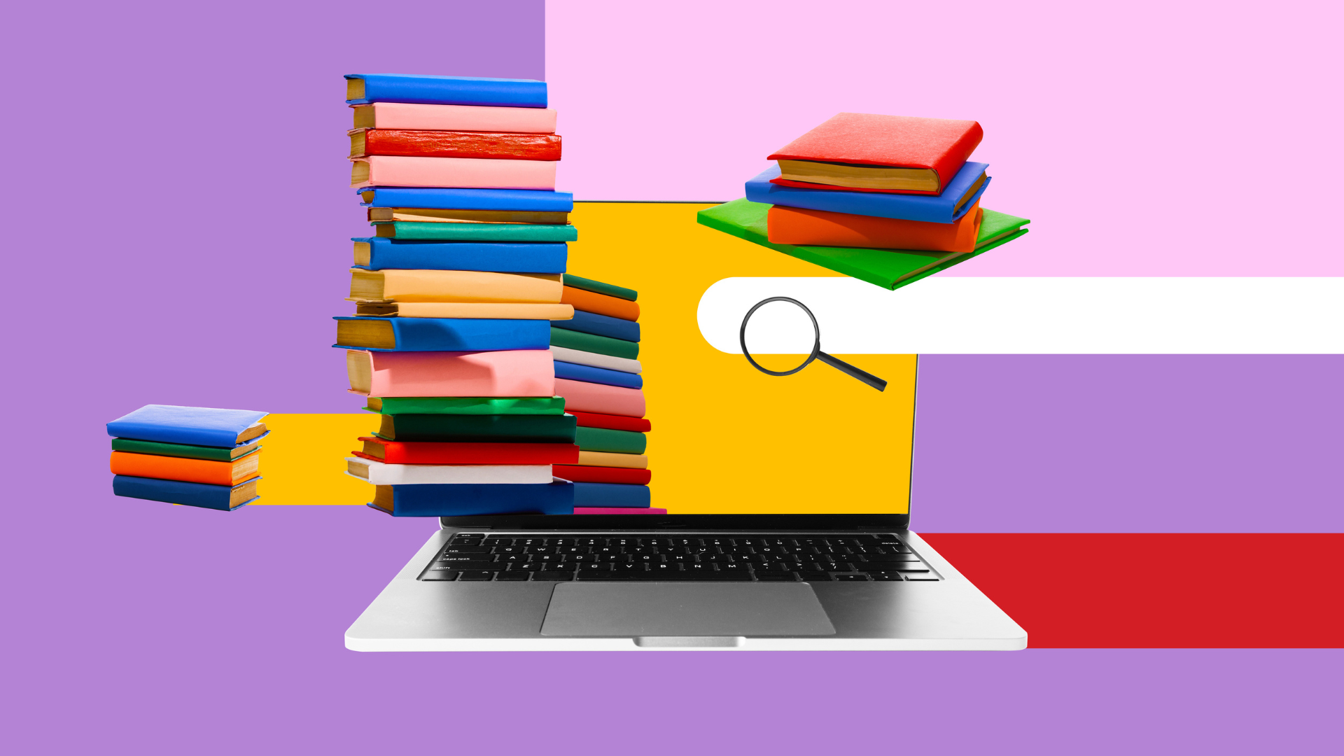 Colourful stacks of books surround an open laptop and search bar with a magnifying glass, against a bright geometric background