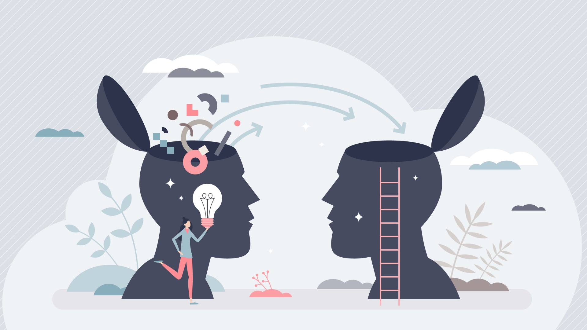 Illustration of two human profiles facing each other with open heads, symbolising the exchange of ideas and knowledge. One contains abstract shapes and a light bulb, while the other features a ladder, with arrows connecting the two.