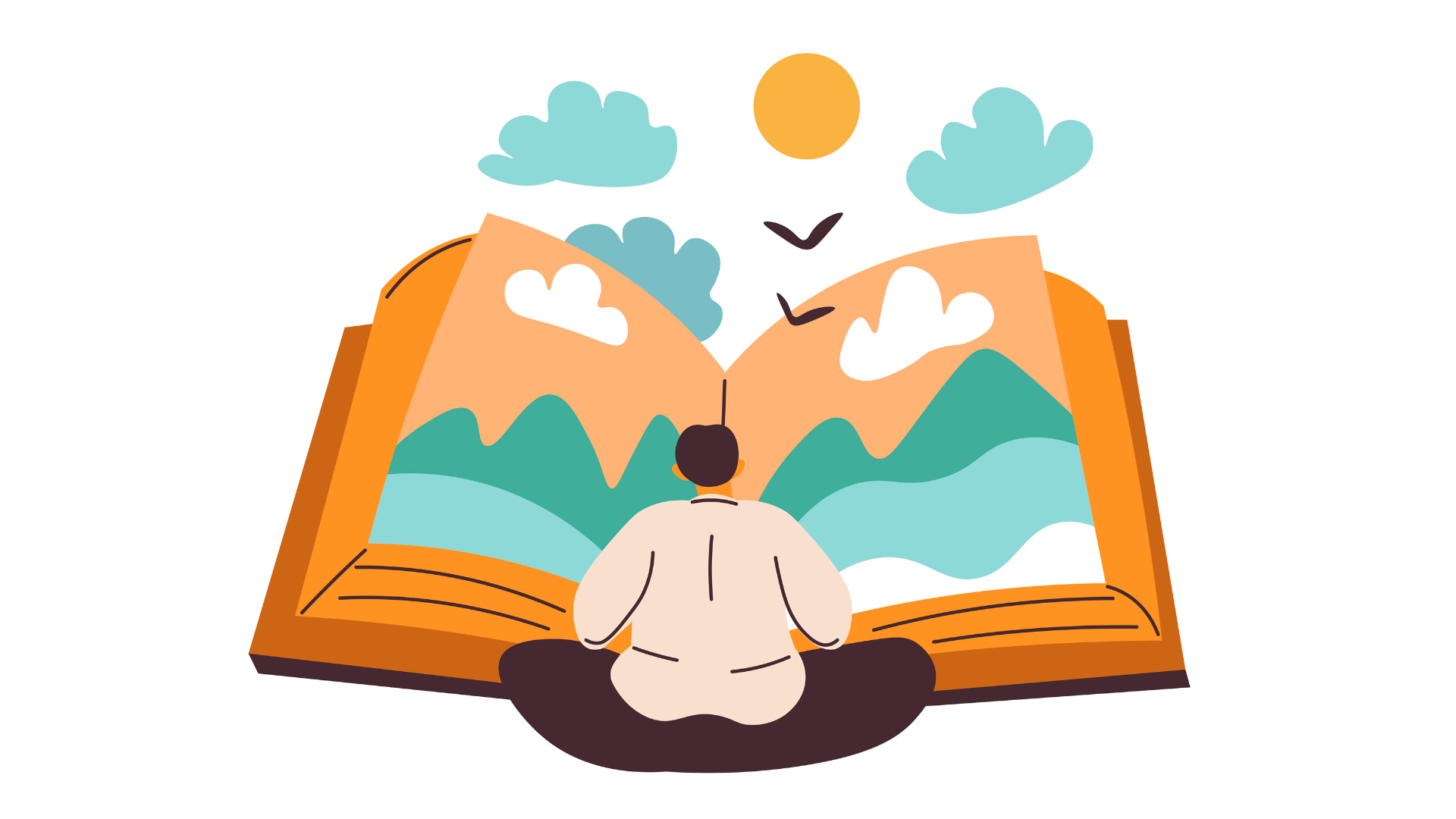 Illustration of a person sitting in front of a large open book, with colourful mountains, clouds, water and sunshine emerging from its pages.