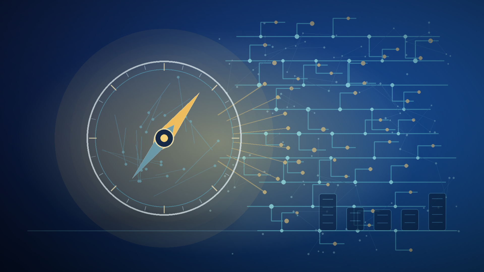 Illustration of a compass overlaid with interconnected digital pathways and data points on a dark blue background, representing navigation through a complex digital landscape.