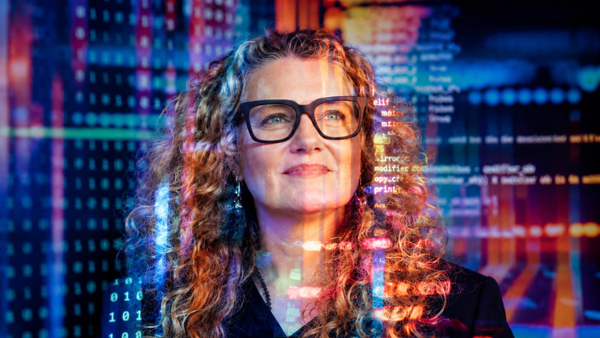Woman with curly hair and glasses pictured against a colourful digital background, with computer code and data visualisations projected across the image.